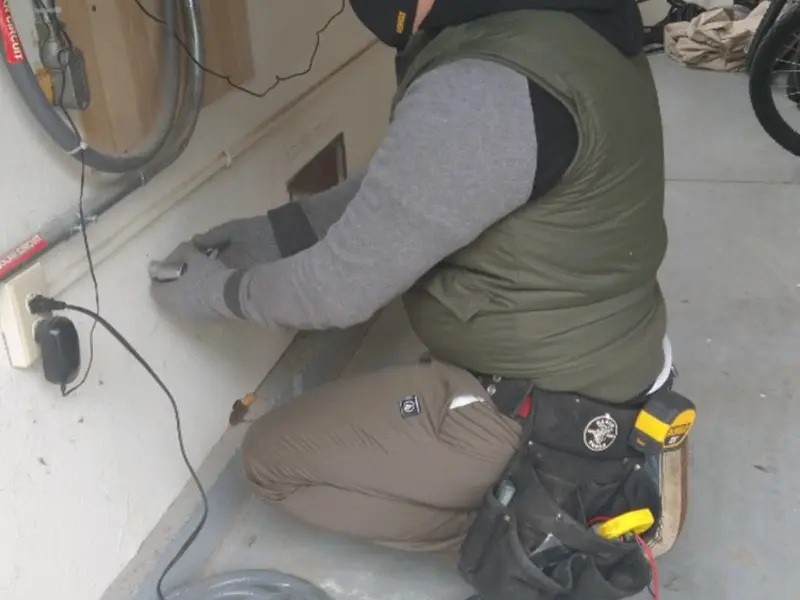 Electrician performing outlet wiring in a Oregon City garage
